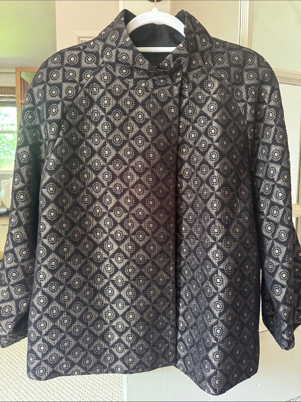 Madison Studio Black and Gold Geometric Brocade Open-Front Jacket